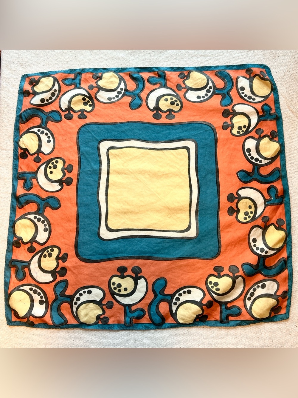 70’s Vintage Retro Floral Square Scarf in Orange, Teal & Yellow